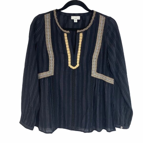 J Jill Peasant Blouse XS Black White Stripe Lace - Picture 2 of 14